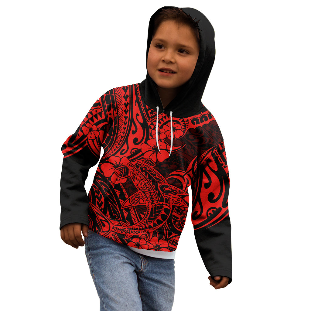 Hawaii Shark Kid Hoodie Polynesian Pattern Red Version - Wonder Print Shop