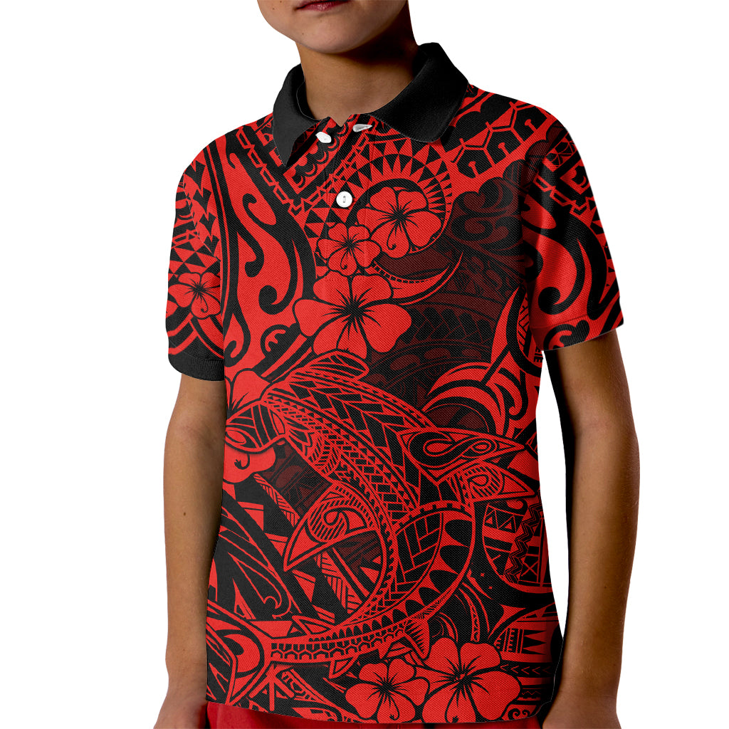 Hawaii Shark Kid Polo Shirt Polynesian Pattern Red Version - Wonder Print Shop