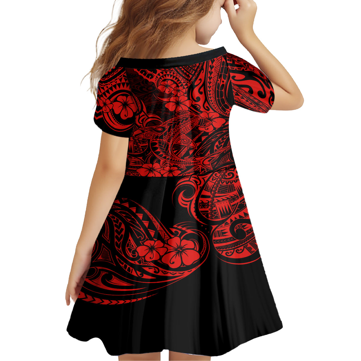 Hawaii Shark Kid Short Sleeve Dress Polynesian Pattern Red Version - Wonder Print Shop