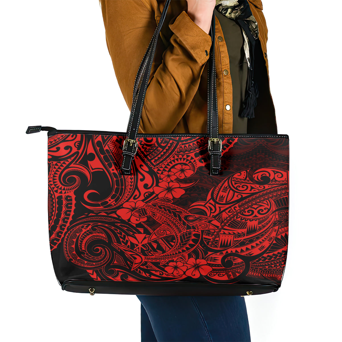 Hawaii Shark Leather Tote Bag Polynesian Pattern Red Version - Wonder Print Shop