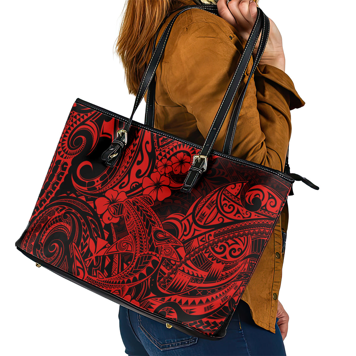 Hawaii Shark Leather Tote Bag Polynesian Pattern Red Version - Wonder Print Shop