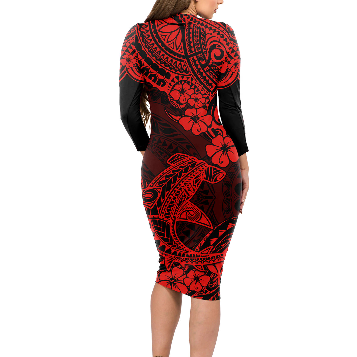 Hawaii Shark Long Sleeve Bodycon Dress Polynesian Pattern Red Version - Wonder Print Shop