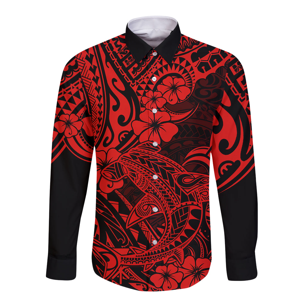 Hawaii Shark Long Sleeve Button Shirt Polynesian Pattern Red Version - Wonder Print Shop