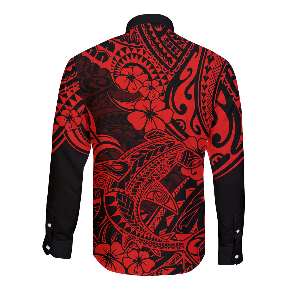 Hawaii Shark Long Sleeve Button Shirt Polynesian Pattern Red Version - Wonder Print Shop