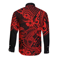 Hawaii Shark Long Sleeve Button Shirt Polynesian Pattern Red Version - Wonder Print Shop