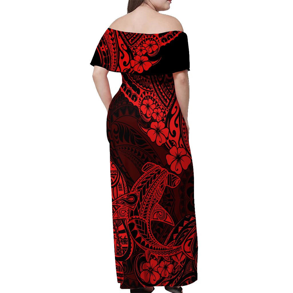 Hawaii Shark Off Shoulder Maxi Dress Polynesian Pattern Red Version - Wonder Print Shop