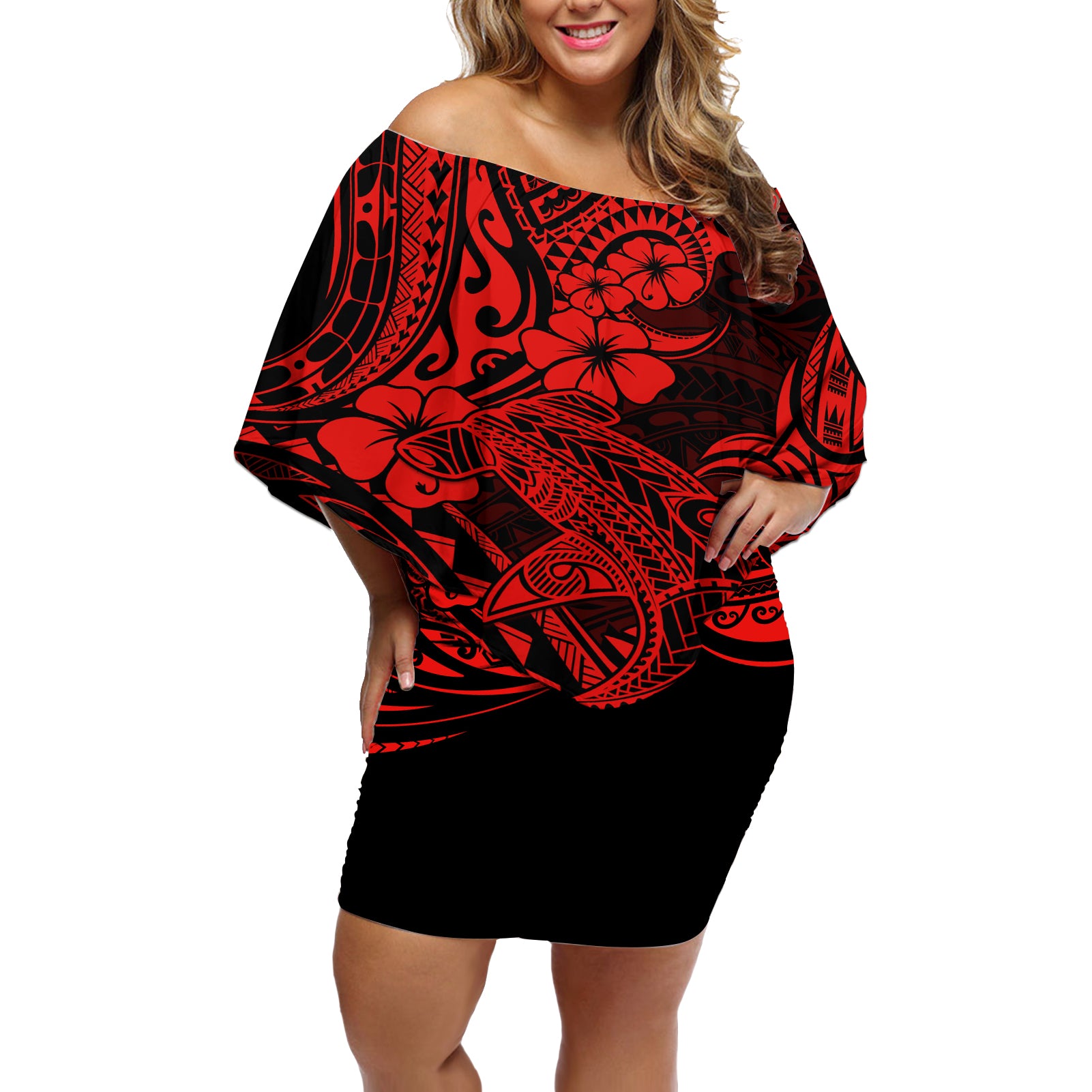 Hawaii Shark Off Shoulder Short Dress Polynesian Pattern Red Version - Wonder Print Shop