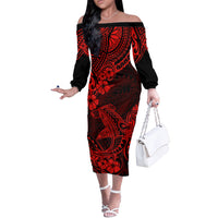 Hawaii Shark Off The Shoulder Long Sleeve Dress Polynesian Pattern Red Version - Wonder Print Shop