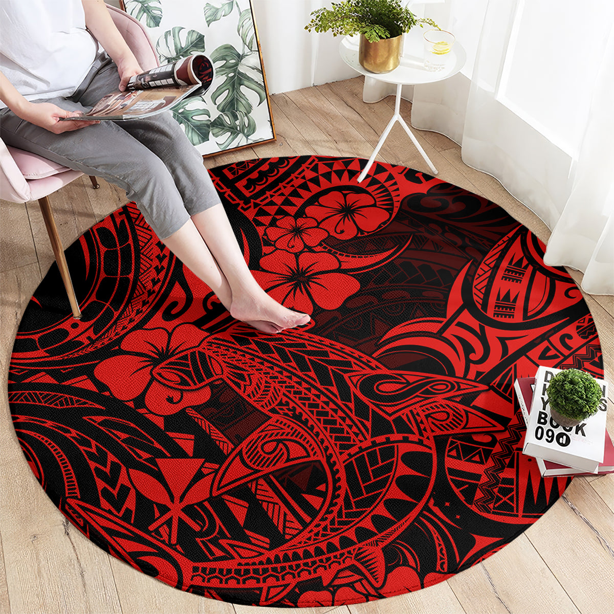 hawaii-shark-round-carpet-polynesian-pattern-red-version