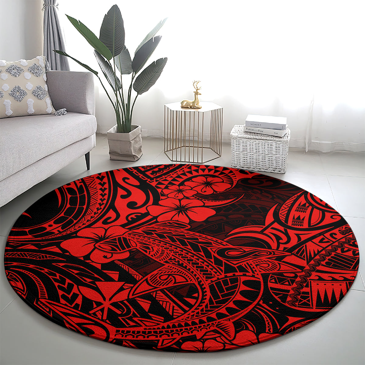 hawaii-shark-round-carpet-polynesian-pattern-red-version