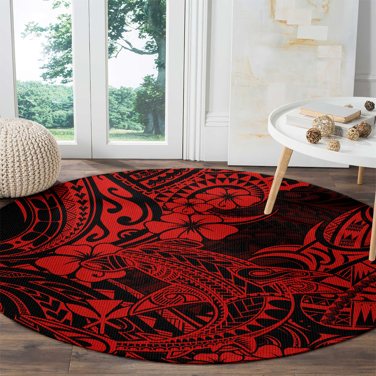 hawaii-shark-round-carpet-polynesian-pattern-red-version