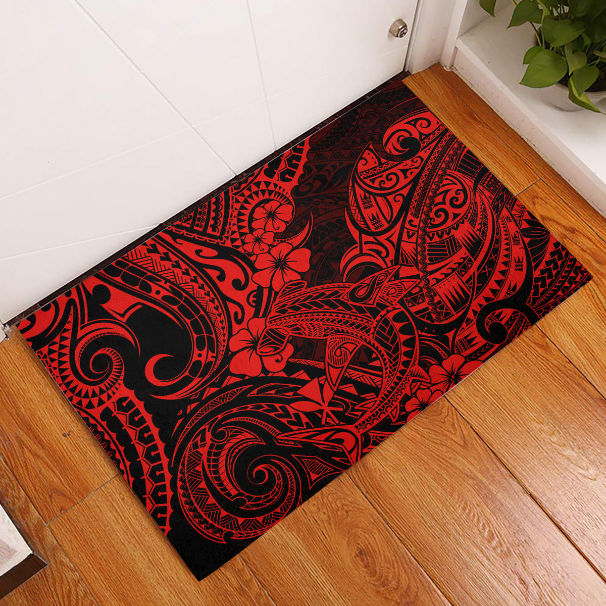 Hawaii Shark Rubber Doormat Polynesian Pattern Red Version - Wonder Print Shop