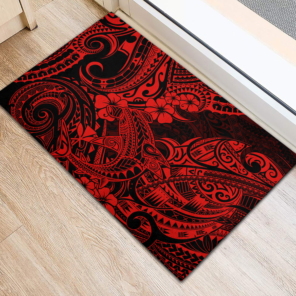 Hawaii Shark Rubber Doormat Polynesian Pattern Red Version - Wonder Print Shop