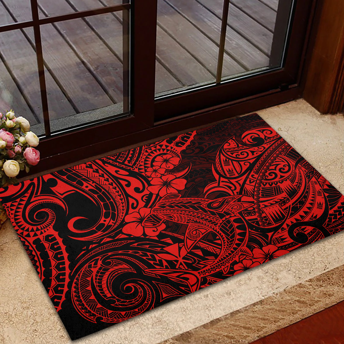 Hawaii Shark Rubber Doormat Polynesian Pattern Red Version - Wonder Print Shop