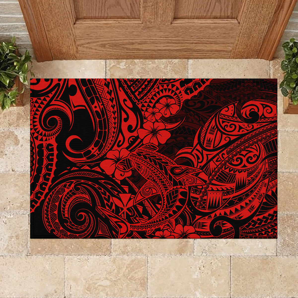 Hawaii Shark Rubber Doormat Polynesian Pattern Red Version - Wonder Print Shop