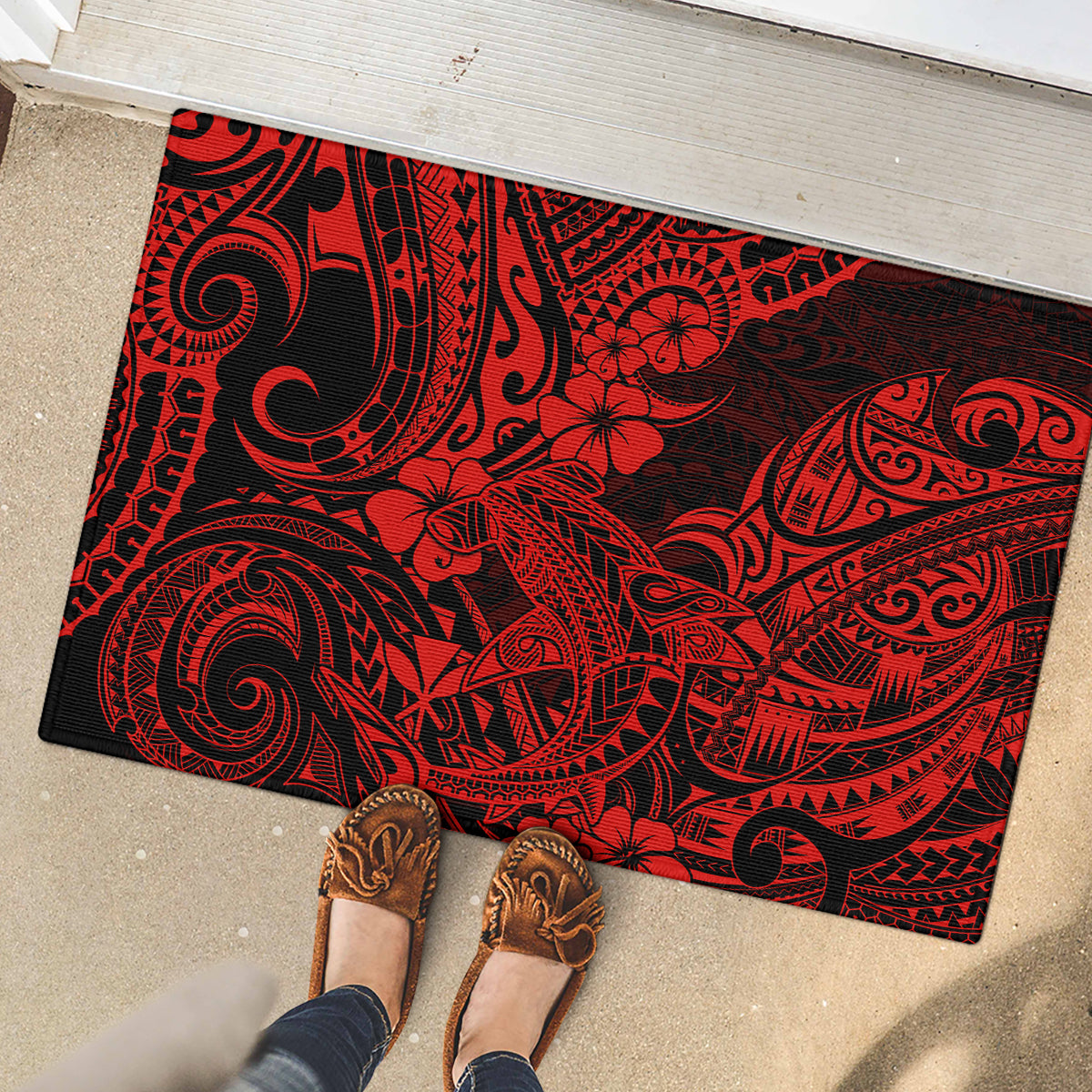 Hawaii Shark Rubber Doormat Polynesian Pattern Red Version - Wonder Print Shop