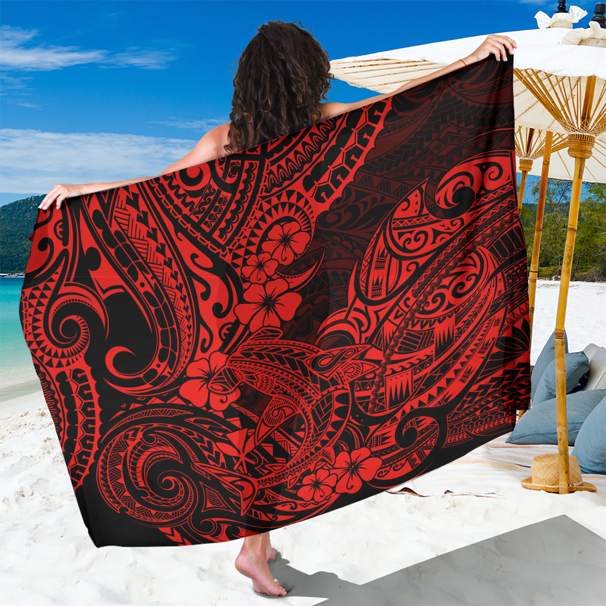 Hawaii Shark Sarong Polynesian Pattern Red Version - Wonder Print Shop