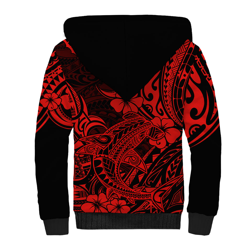 Hawaii Shark Sherpa Hoodie Polynesian Pattern Red Version - Wonder Print Shop
