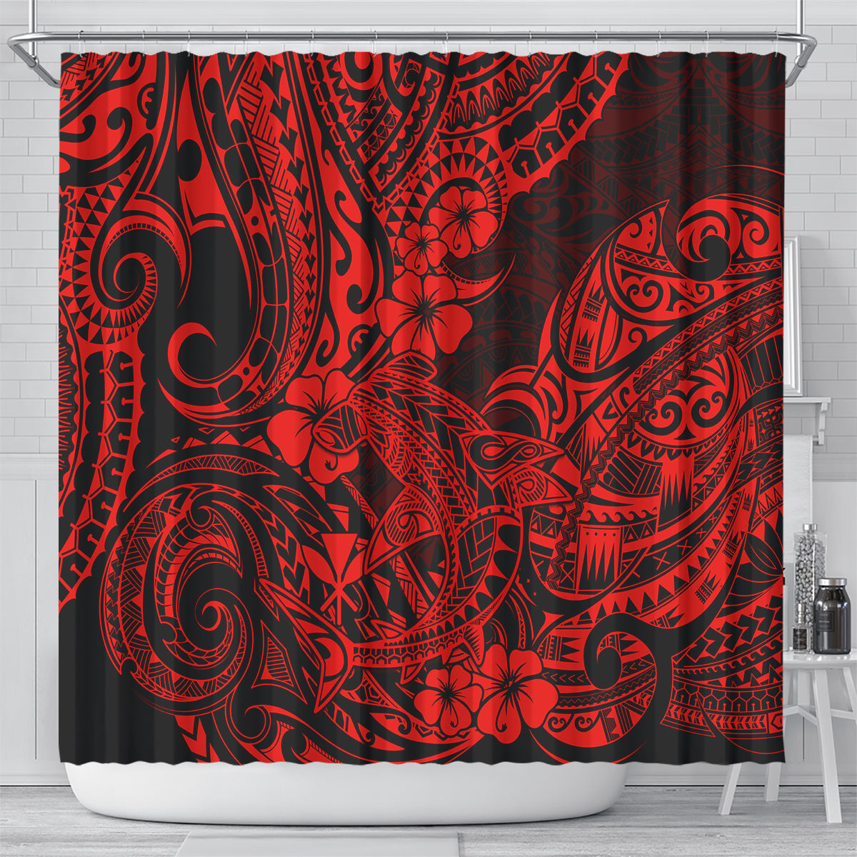 hawaii-shark-shower-curtain-polynesian-pattern-red-version
