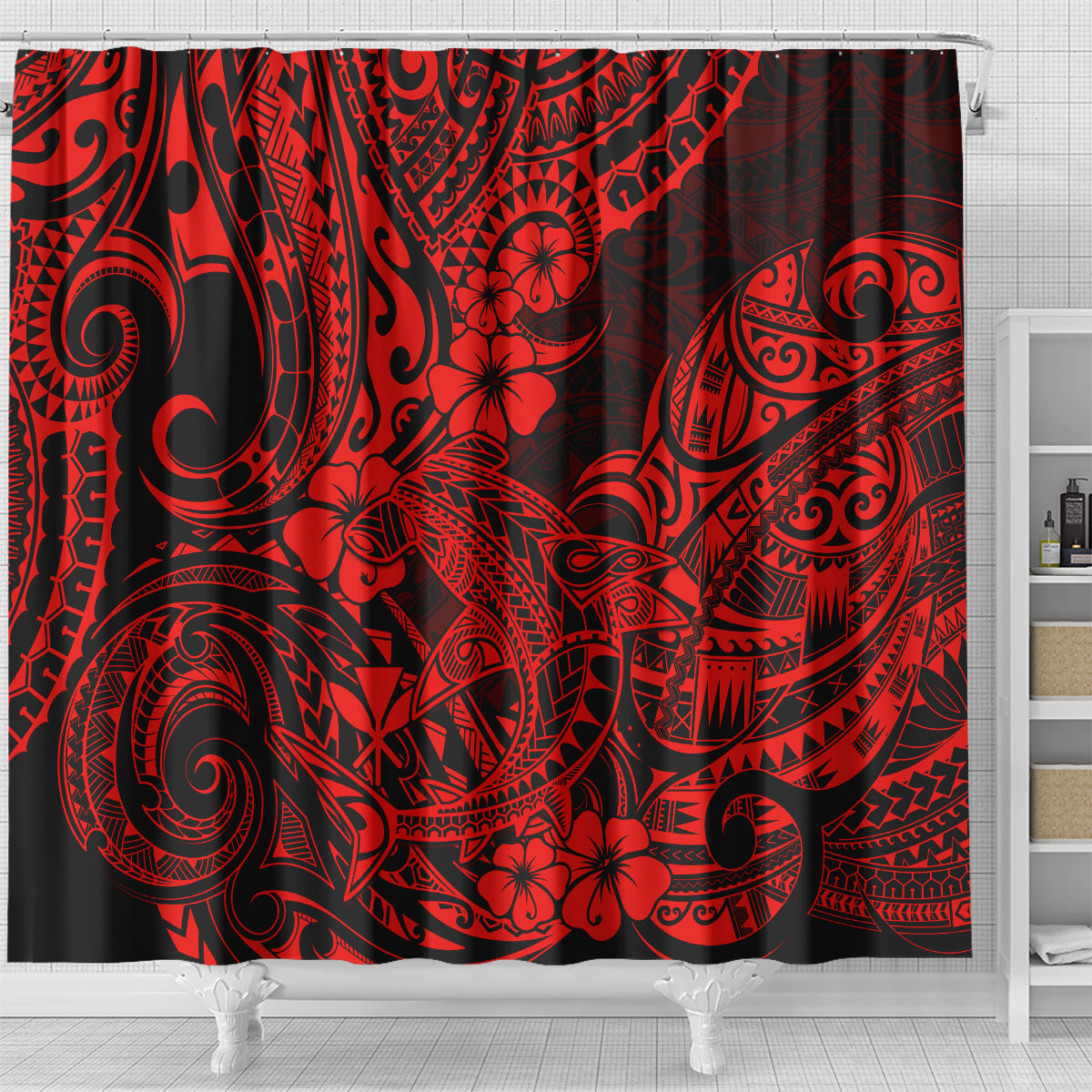 hawaii-shark-shower-curtain-polynesian-pattern-red-version
