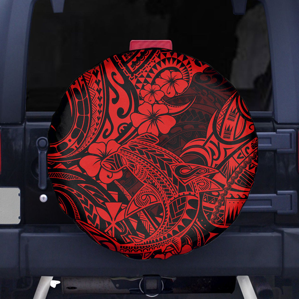 Hawaii Shark Spare Tire Cover Polynesian Pattern Red Version - Wonder Print Shop