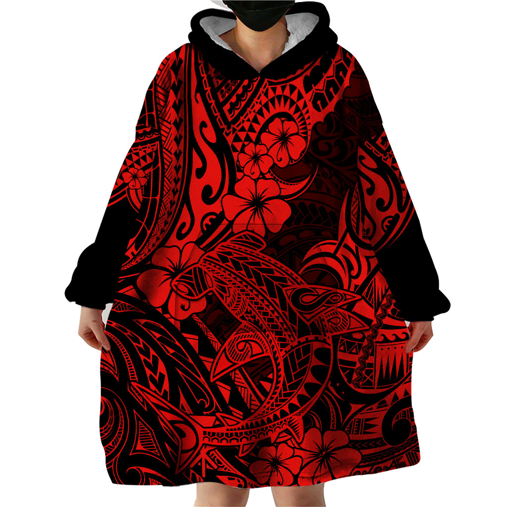 Hawaii Shark Wearable Blanket Hoodie Polynesian Pattern Red Version - Wonder Print Shop