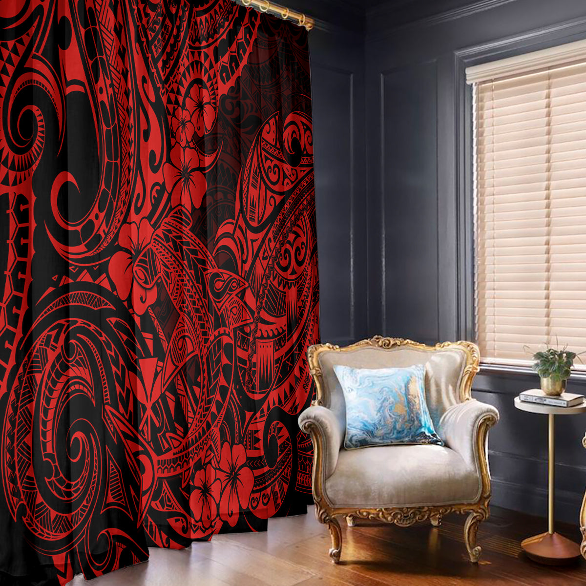 Hawaii Shark Window Curtain Polynesian Pattern Red Version - Wonder Print Shop