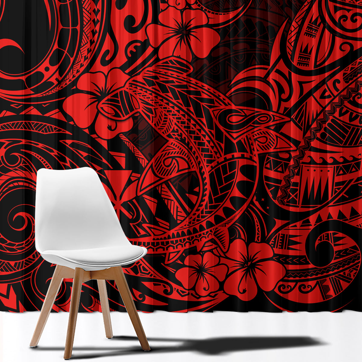 Hawaii Shark Window Curtain Polynesian Pattern Red Version - Wonder Print Shop