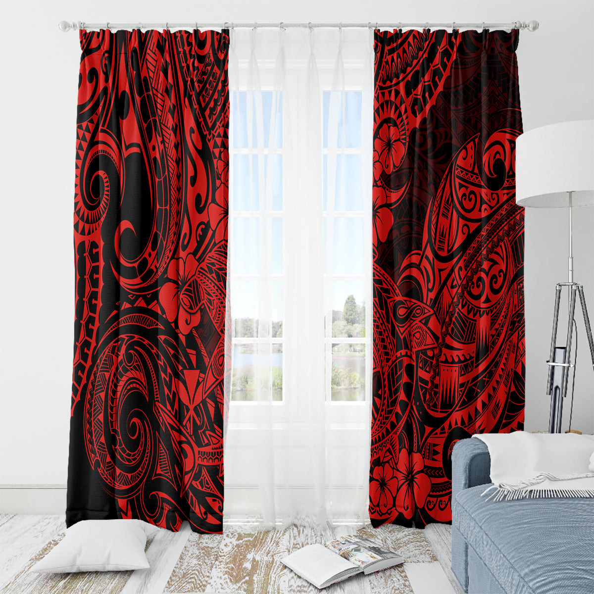 Hawaii Shark Window Curtain Polynesian Pattern Red Version - Wonder Print Shop