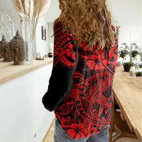 Hawaii Shark Women Casual Shirt Polynesian Pattern Red Version - Wonder Print Shop