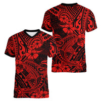 Hawaii Shark Women V Neck T Shirt Polynesian Pattern Red Version - Wonder Print Shop