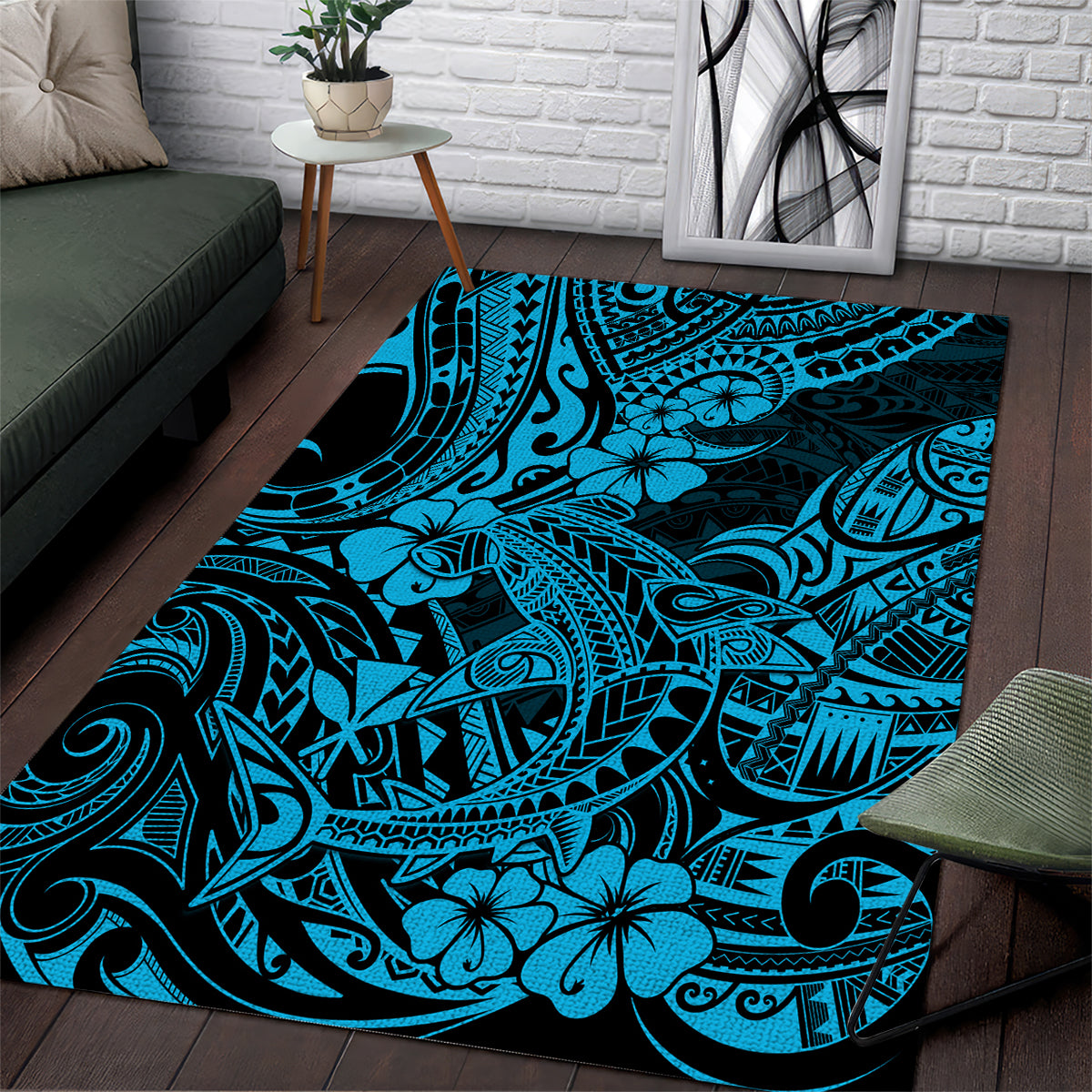 Hawaii Shark Area Rug Polynesian Pattern Sky Blue Version - Wonder Print Shop