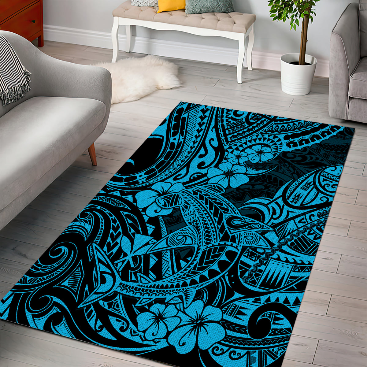 Hawaii Shark Area Rug Polynesian Pattern Sky Blue Version - Wonder Print Shop