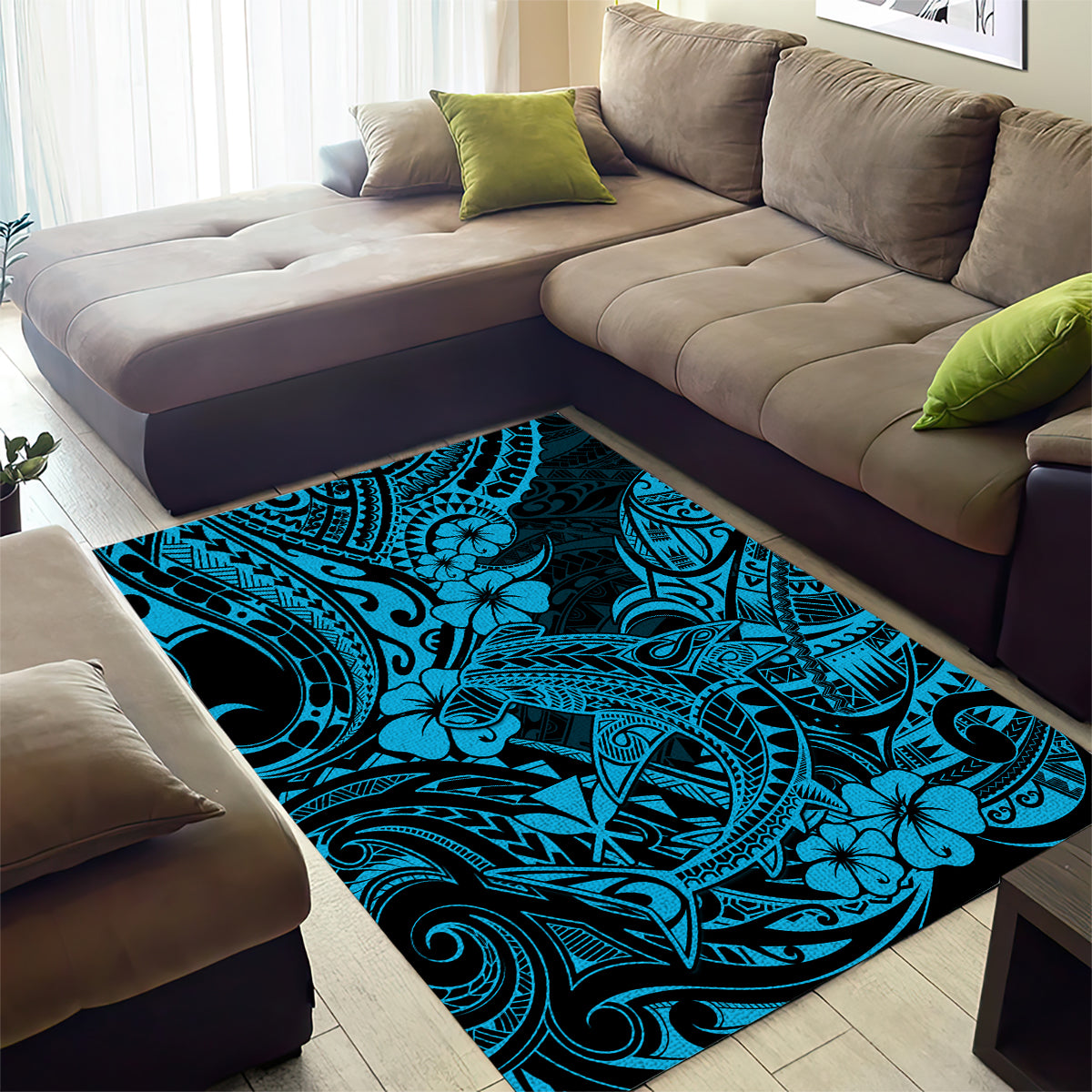 Hawaii Shark Area Rug Polynesian Pattern Sky Blue Version - Wonder Print Shop