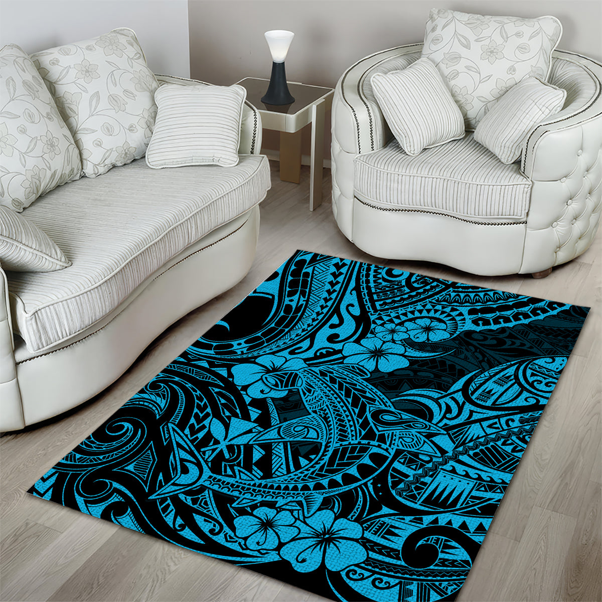 Hawaii Shark Area Rug Polynesian Pattern Sky Blue Version - Wonder Print Shop