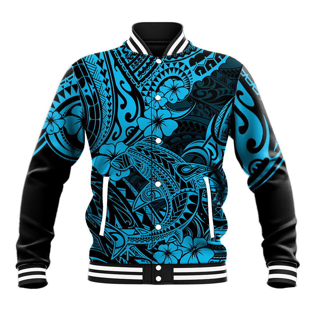 Hawaii Shark Baseball Jacket Polynesian Pattern Sky Blue Version - Wonder Print Shop