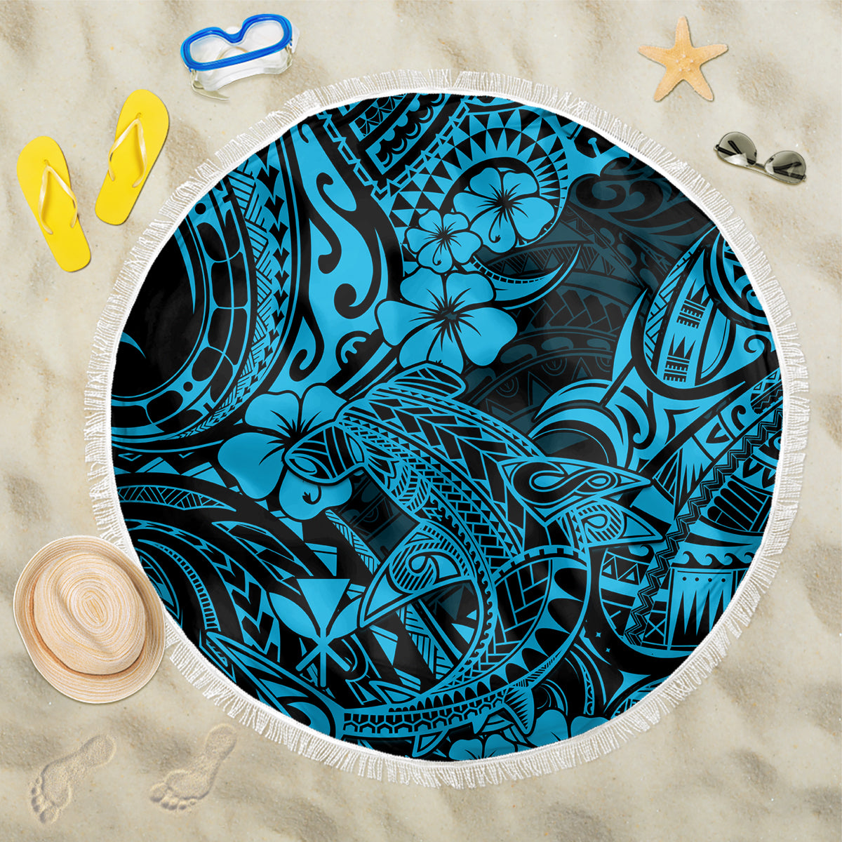 Hawaii Shark Beach Blanket Polynesian Pattern Sky Blue Version - Wonder Print Shop