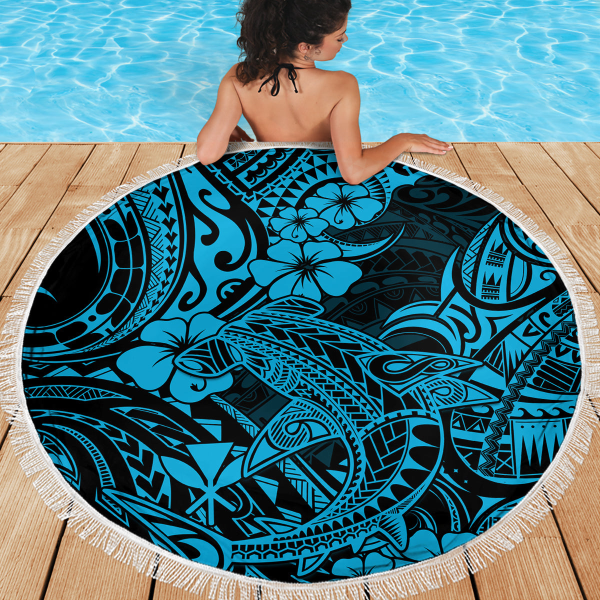 Hawaii Shark Beach Blanket Polynesian Pattern Sky Blue Version - Wonder Print Shop