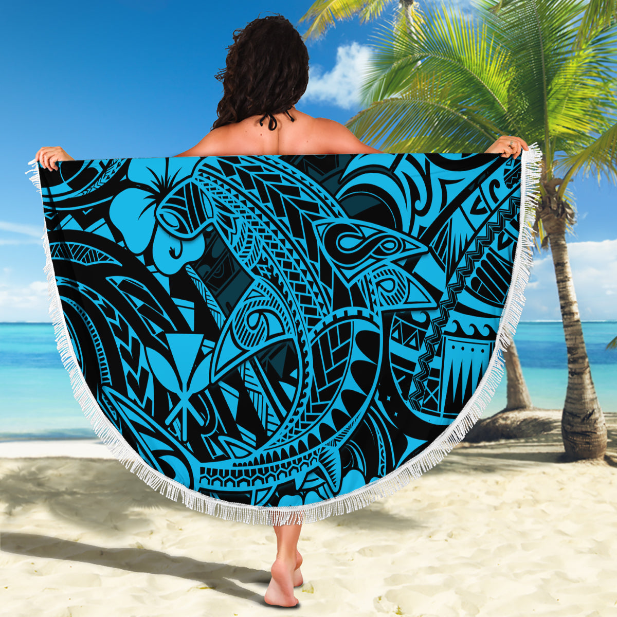 Hawaii Shark Beach Blanket Polynesian Pattern Sky Blue Version - Wonder Print Shop