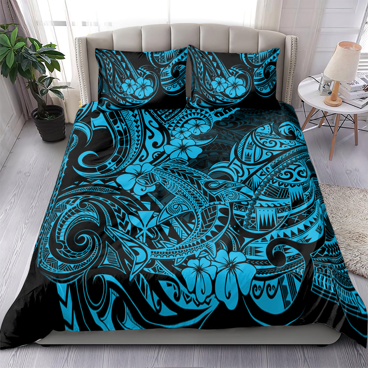 Hawaii Shark Bedding Set Polynesian Pattern Sky Blue Version - Wonder Print Shop