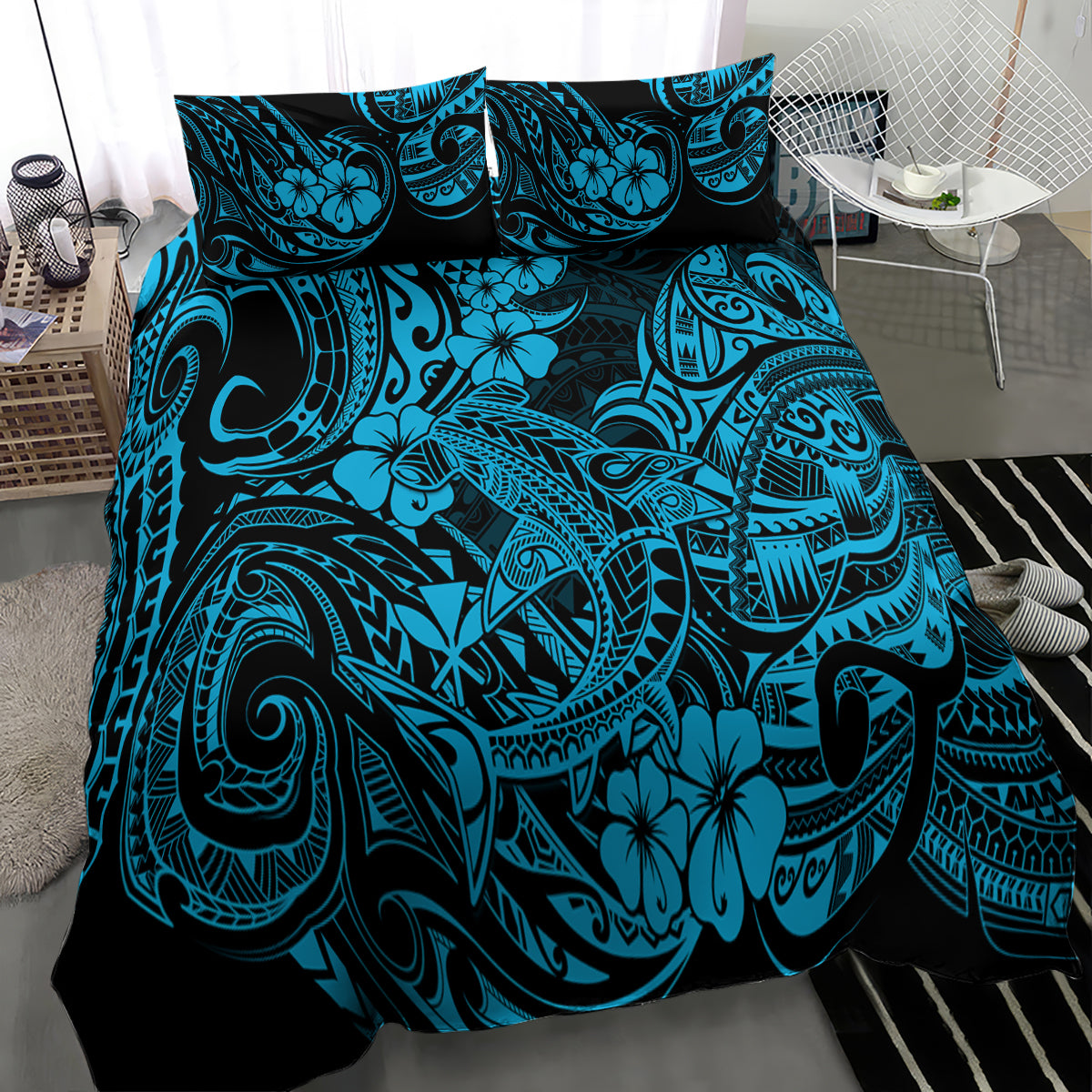 Hawaii Shark Bedding Set Polynesian Pattern Sky Blue Version - Wonder Print Shop