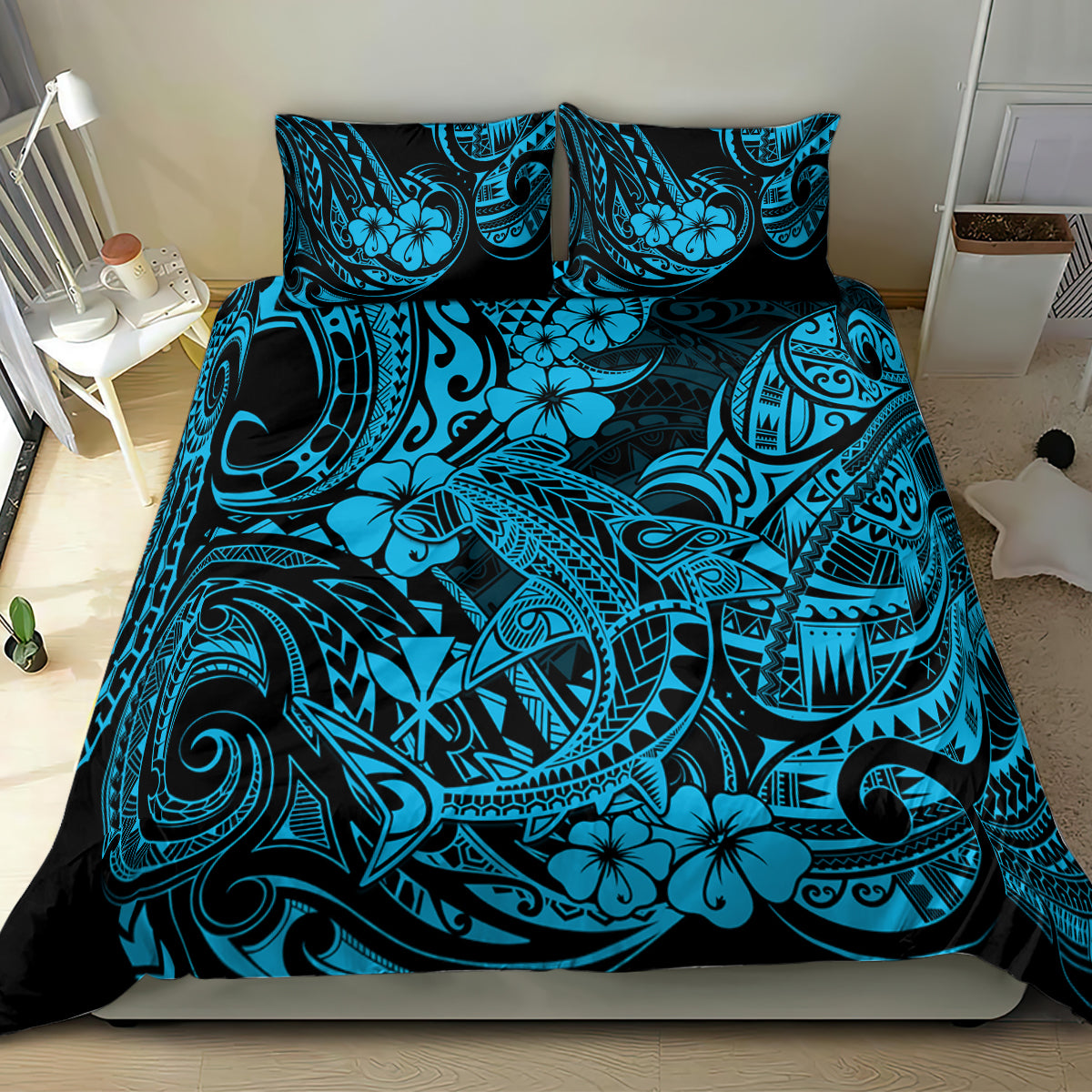 Hawaii Shark Bedding Set Polynesian Pattern Sky Blue Version - Wonder Print Shop