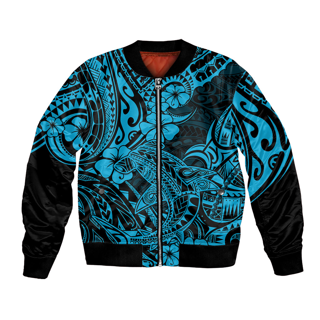 Hawaii Shark Bomber Jacket Polynesian Pattern Sky Blue Version - Wonder Print Shop