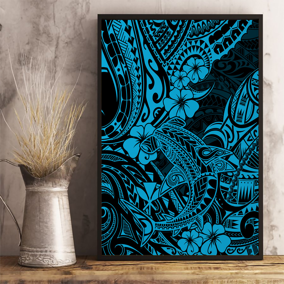 Hawaii Shark Canvas Wall Art Polynesian Pattern Sky Blue Version - Wonder Print Shop