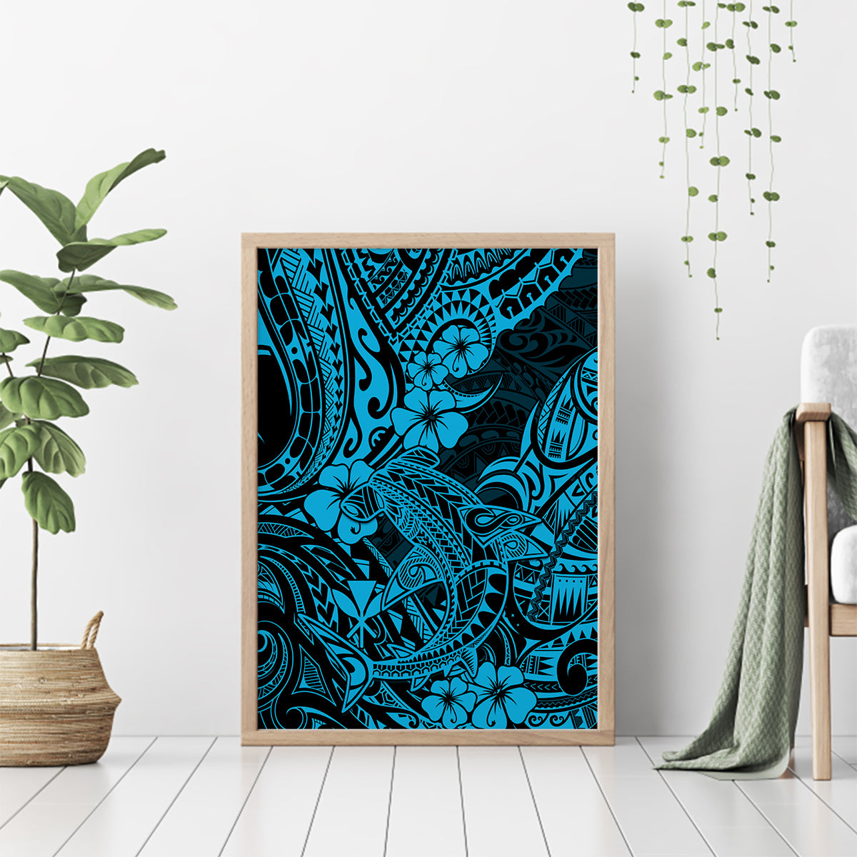 Hawaii Shark Canvas Wall Art Polynesian Pattern Sky Blue Version - Wonder Print Shop