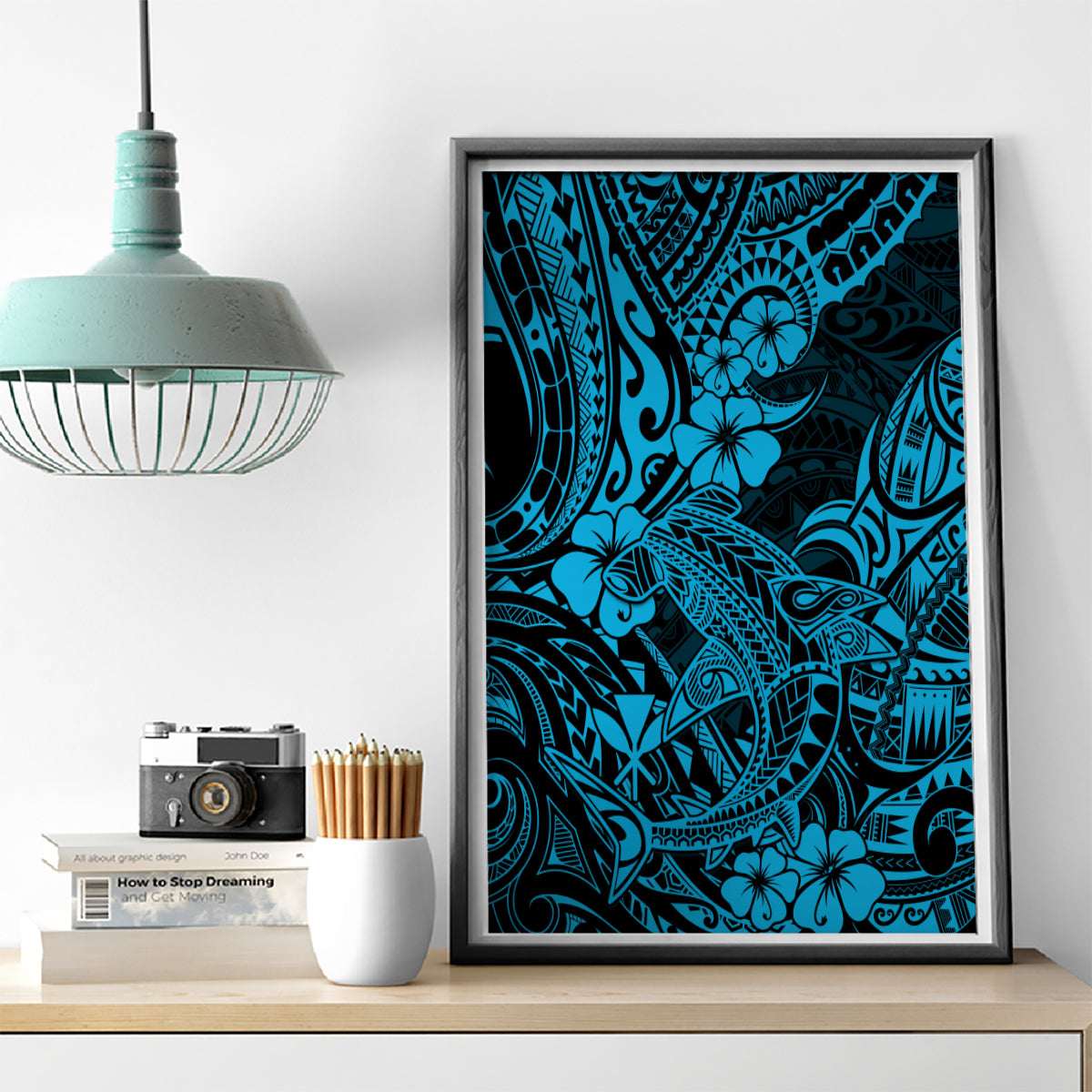 Hawaii Shark Canvas Wall Art Polynesian Pattern Sky Blue Version - Wonder Print Shop