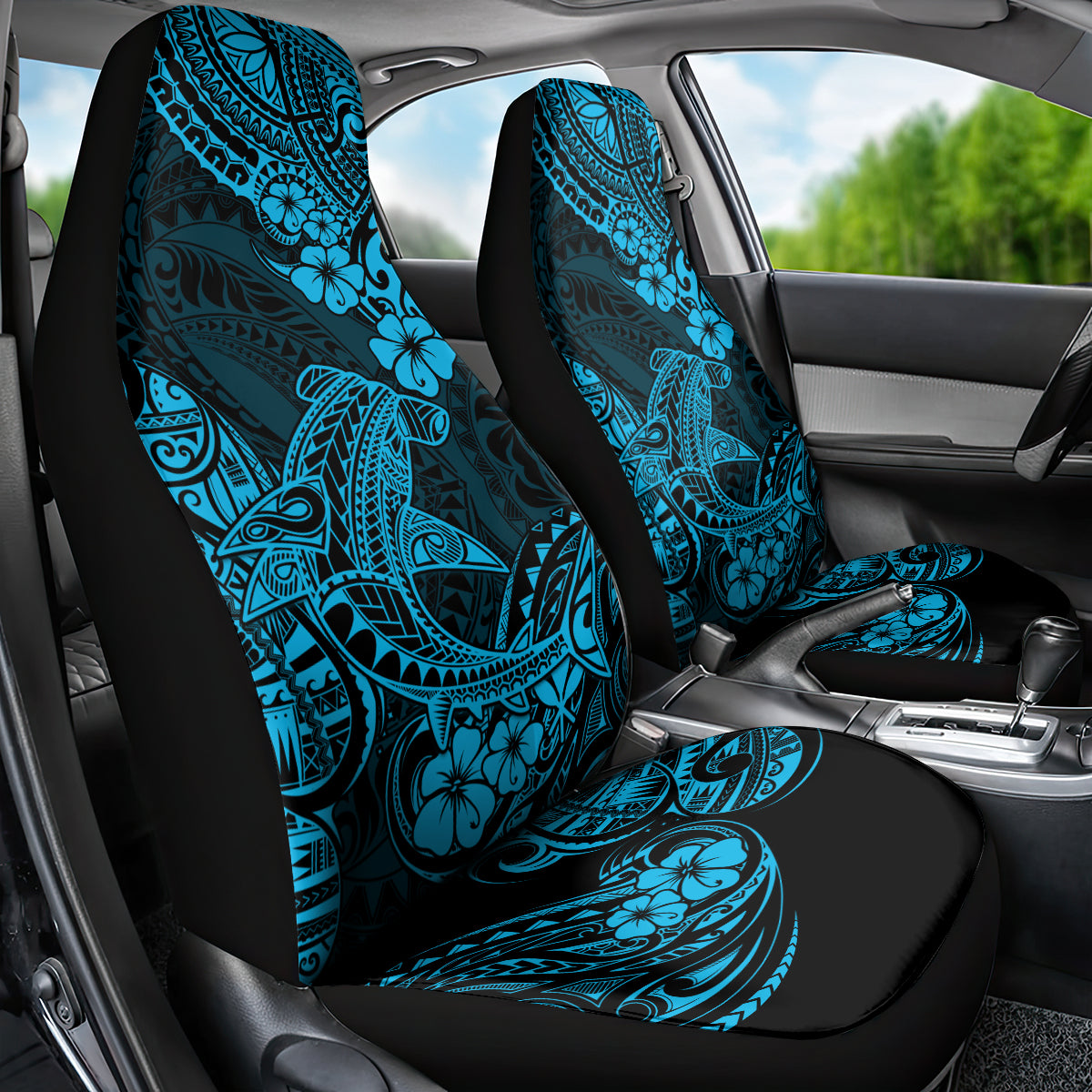 Hawaii Shark Car Seat Cover Polynesian Pattern Sky Blue Version - Wonder Print Shop