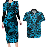 Hawaii Shark Couples Matching Long Sleeve Bodycon Dress and Hawaiian Shirt Polynesian Pattern Sky Blue Version - Wonder Print Shop