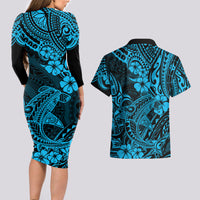 Hawaii Shark Couples Matching Long Sleeve Bodycon Dress and Hawaiian Shirt Polynesian Pattern Sky Blue Version - Wonder Print Shop