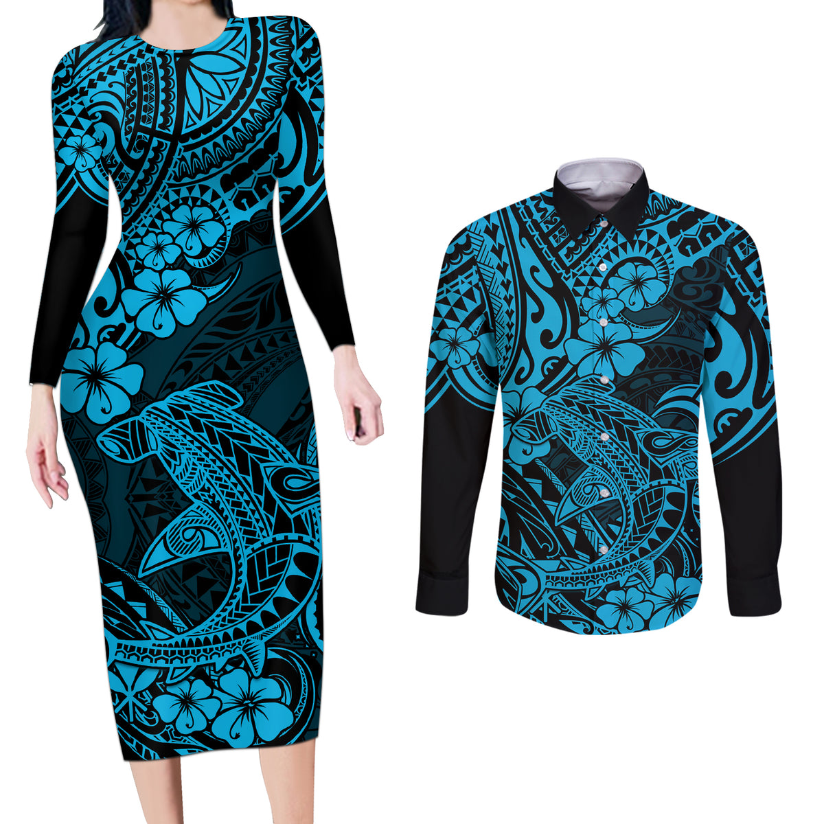 Hawaii Shark Couples Matching Long Sleeve Bodycon Dress and Long Sleeve Button Shirts Polynesian Pattern Sky Blue Version - Wonder Print Shop